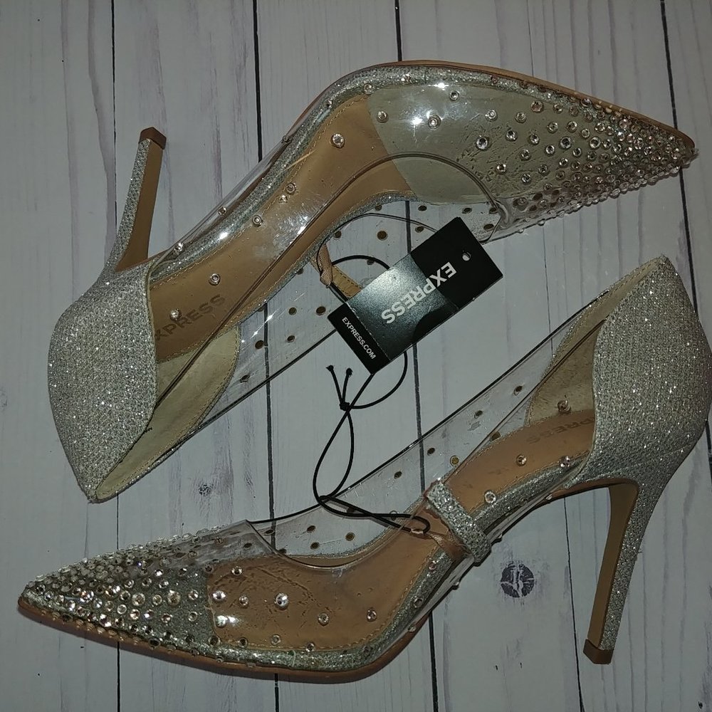 NWT EXPRESS RHINESTONE DIAMOND CLEAR HEELS SHOES 7